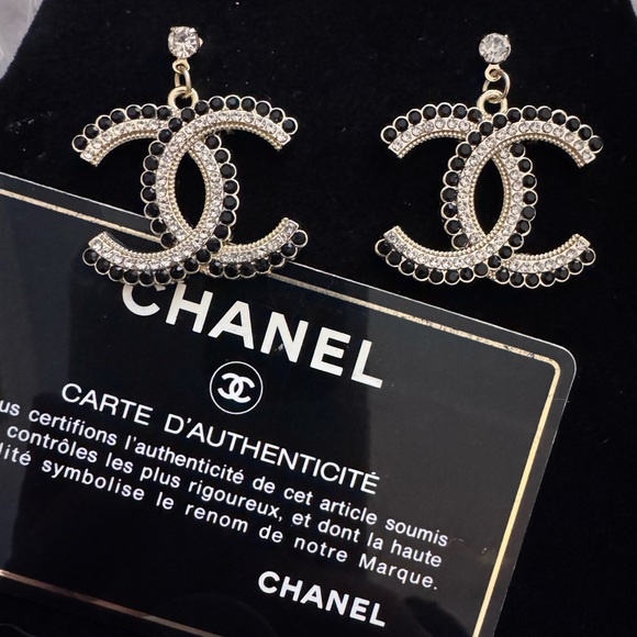 CHANEL Black and Gold Crystal Logo Earrings - Picture 2 of 3